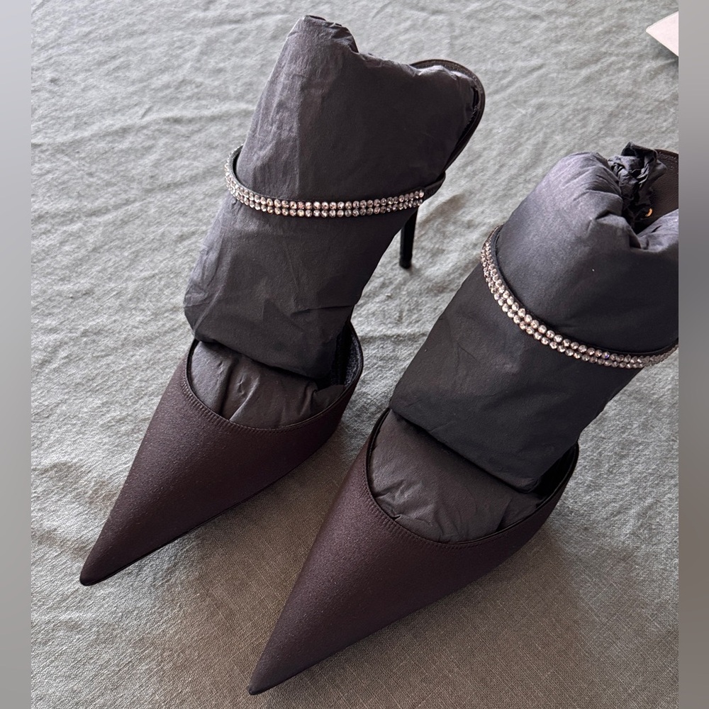 Saint Laurent Barbara Crystal embellished Satin Mule Heels - new in box - Picture 3 of 11